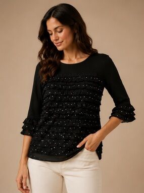 Cato Black Ruffle Mesh Rhinestone Top XL Dressy Party Blouse